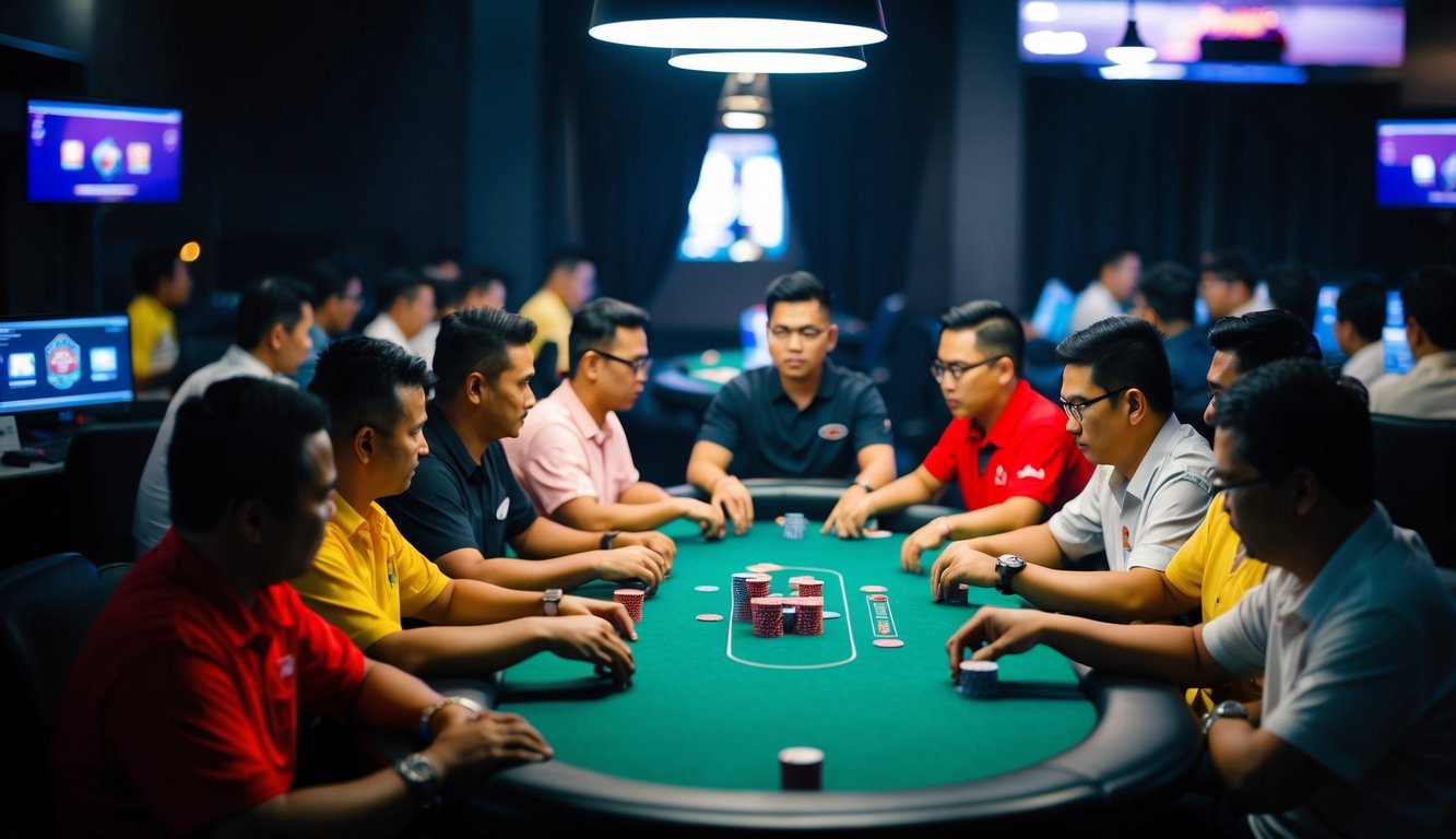 Sekelompok orang berkumpul di sekitar meja, bermain poker online di Indonesia. Ruangan itu redup, dengan cahaya layar komputer menerangi wajah para pemain.