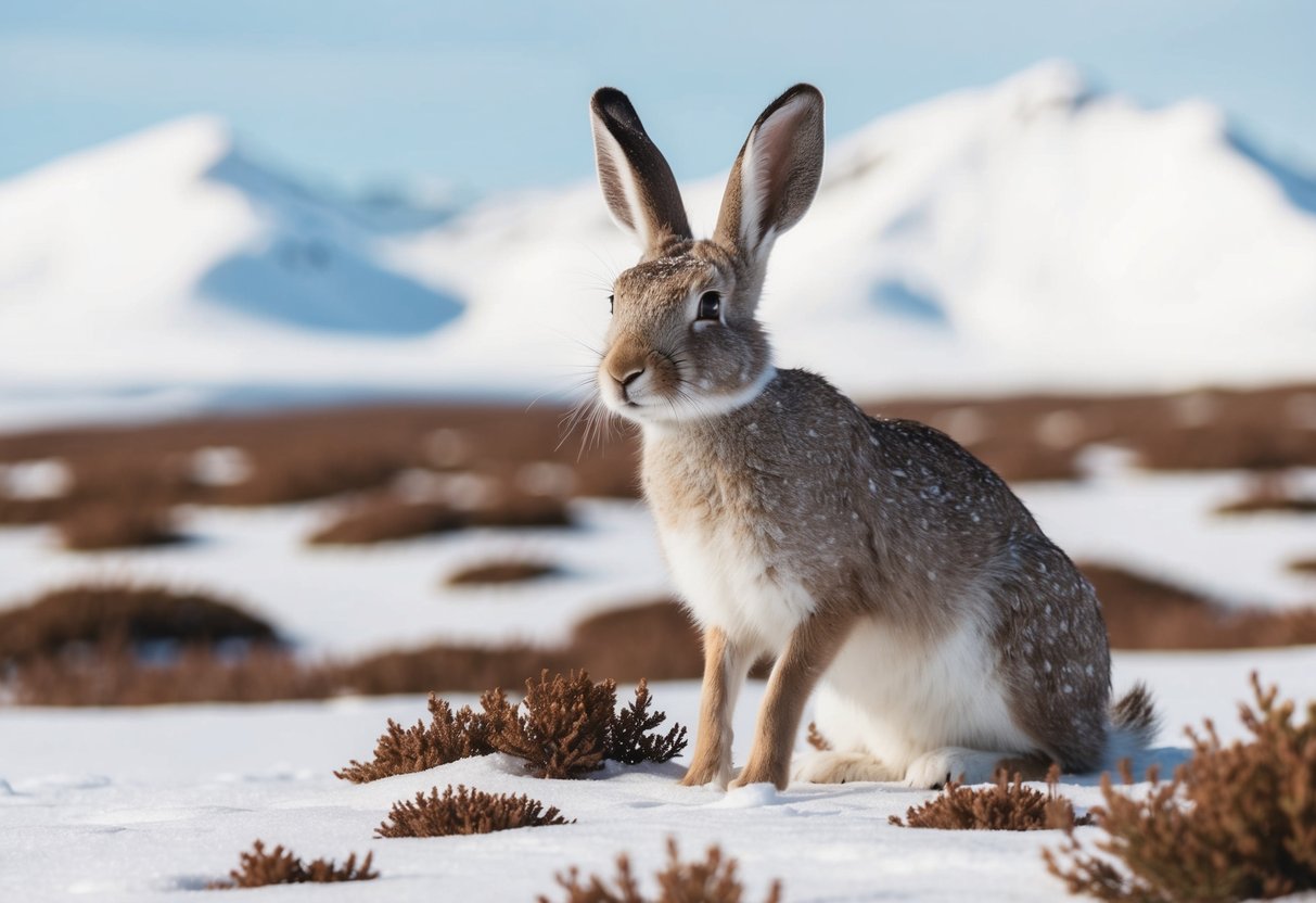 A female arctic hare, known as a doe, sits alert in a snowy landscape, surrounded by patches of low-lying vegetation and with snow-capped mountains in the background