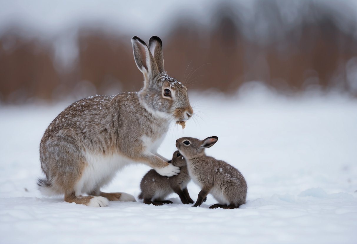 An arctic hare mother feeding her young in their snowy habitat