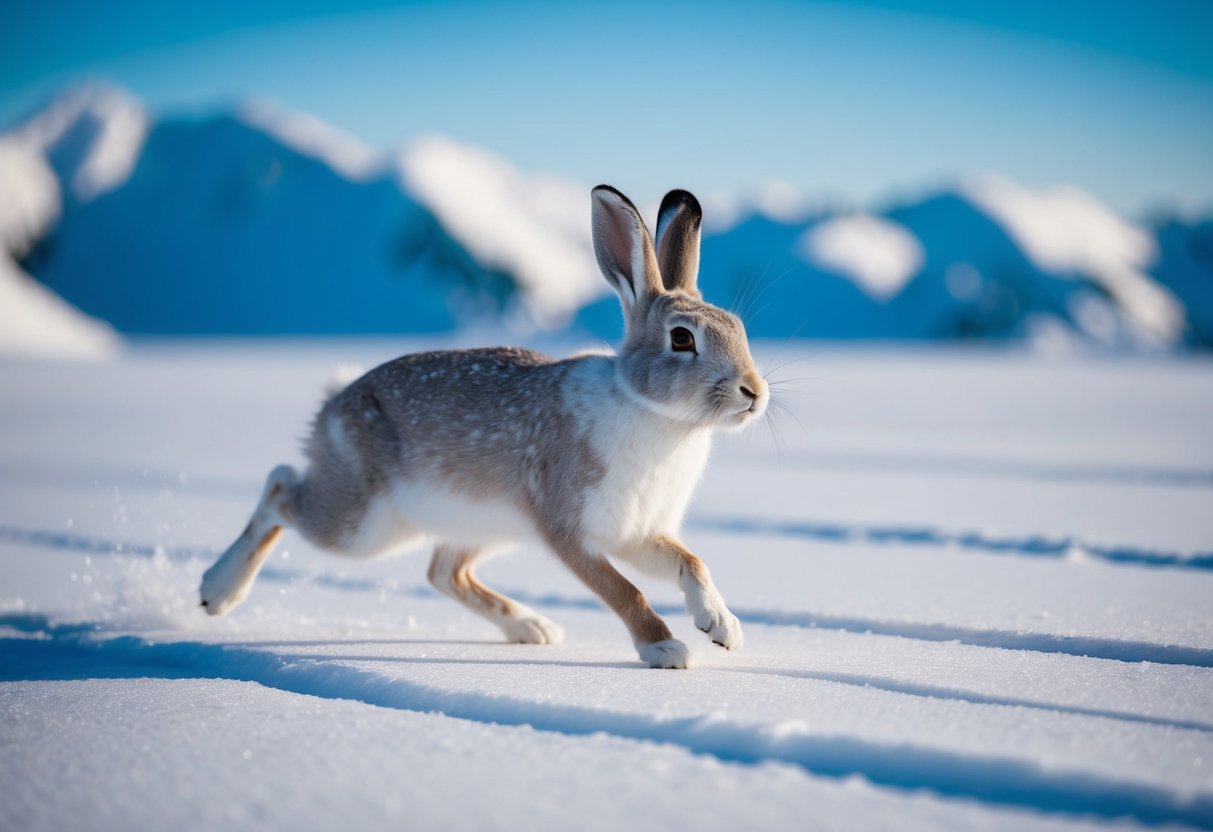 A male arctic hare bounding across the snowy tundra, with a backdrop of icy mountains and a clear blue sky