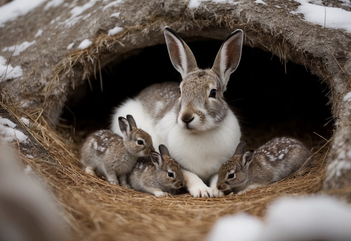 A female arctic hare, known as a doe, sits nestled in her burrow surrounded by her young, called leverets
