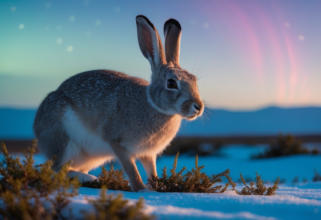 A male arctic hare, also known as a buck, nibbles on tundra vegetation under the northern lights