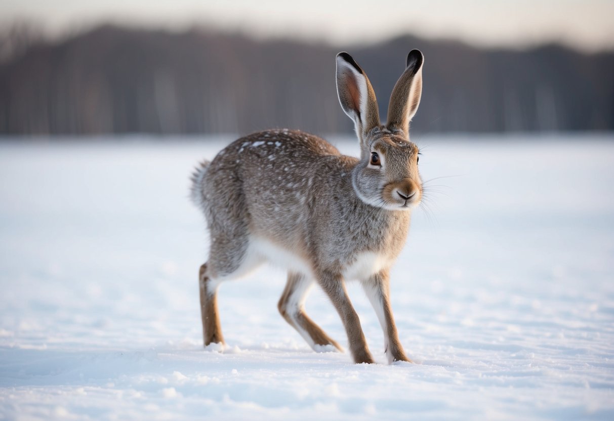 A male arctic hare, called a buck, is depicted in a snowy landscape, with thick fur and large hind legs for hopping