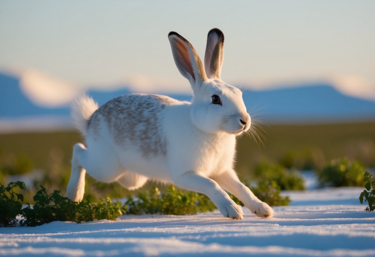 An arctic hare hops through a vast tundra, munching on green plants and grooming its thick, white fur under the warm summer sun