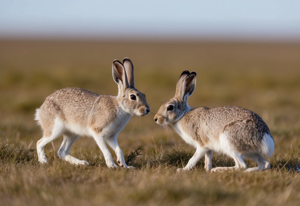 Arctic hares forage for food among the tundra grass, alert for predators like foxes and birds of prey