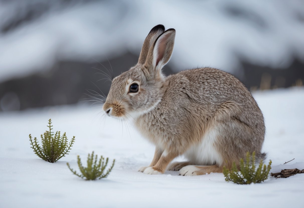 An arctic hare nibbles on grass, surrounded by snowy terrain and a few small plants
