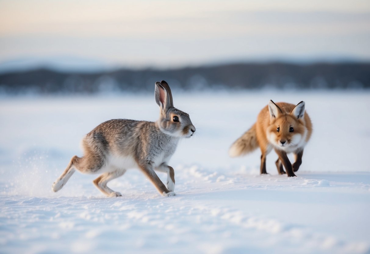An arctic hare dashes through the snowy landscape, while an arctic fox stealthily stalks it from a distance