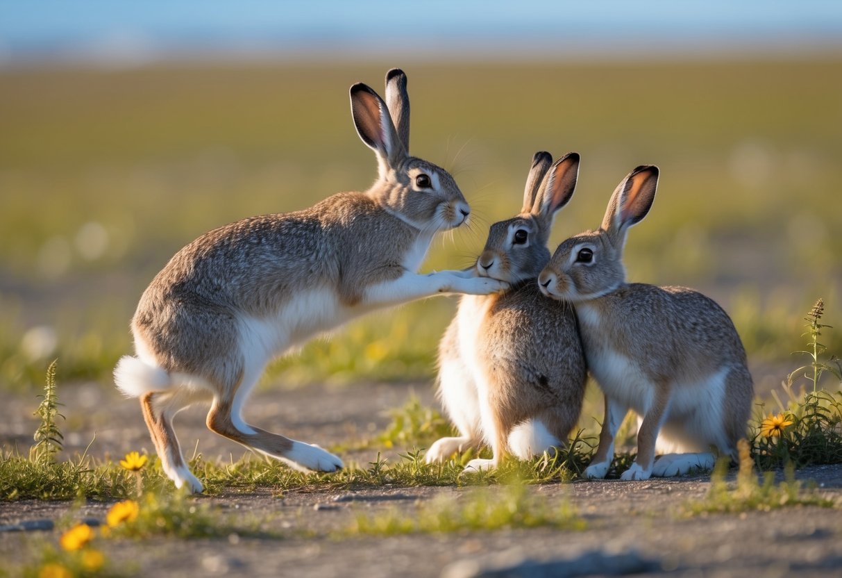 An arctic hare hops through tundra, nibbling on grasses and flowers, while a family of hares grooms each other in the warm summer sun