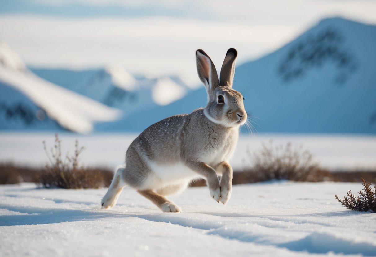 An arctic hare hops across a snowy tundra, surrounded by icy mountains and sparse vegetation