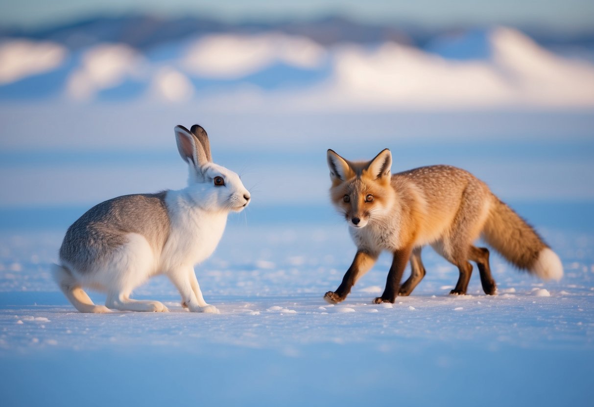An arctic hare cautiously watches an arctic fox from a distance, while the fox stealthily stalks its prey through the snowy landscape