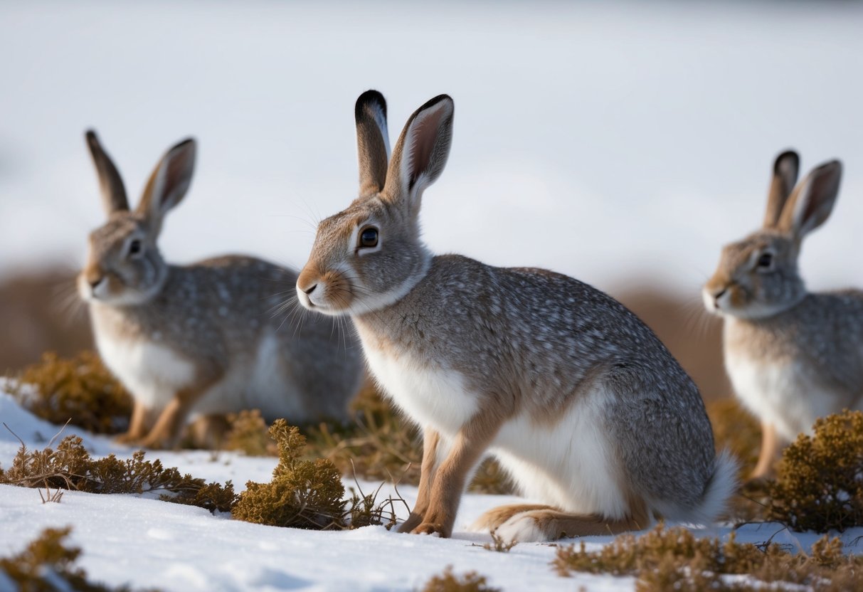 An arctic hare munches on vegetation in a snowy landscape, surrounded by other hares in a loose social group