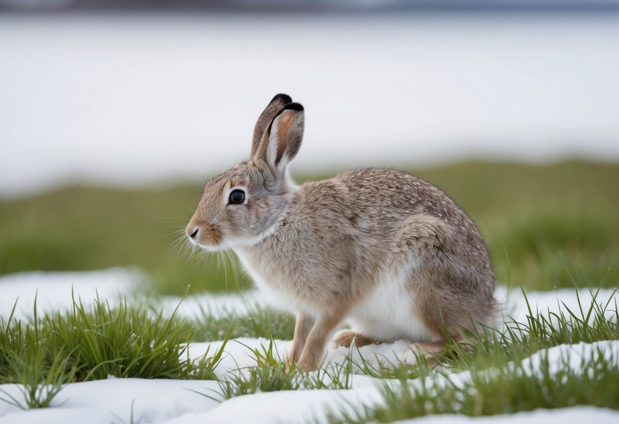 An arctic hare nibbles on fresh green grass in the snowy tundra