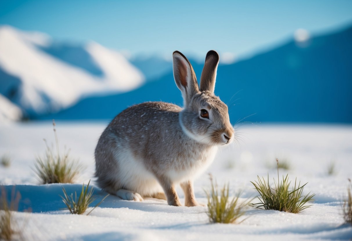 An arctic hare nibbles on grass in a snowy tundra, surrounded by icy mountains and a clear blue sky