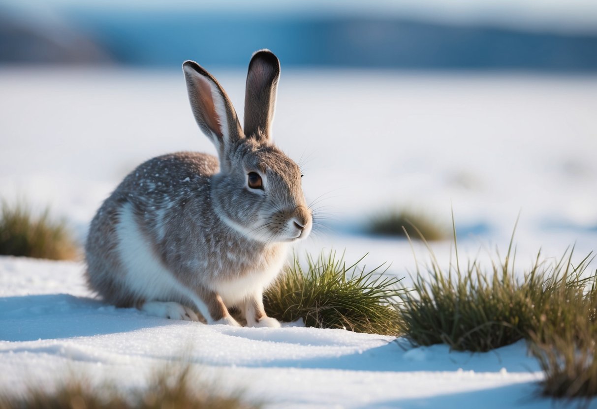 An arctic hare nibbles on grass while keeping a watchful eye for predators in the snowy tundra