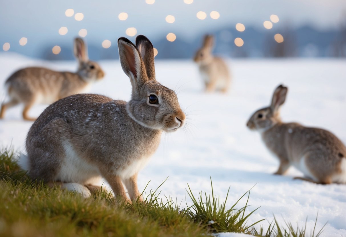 An arctic hare munches on grass while others gather nearby in their snowy habitat