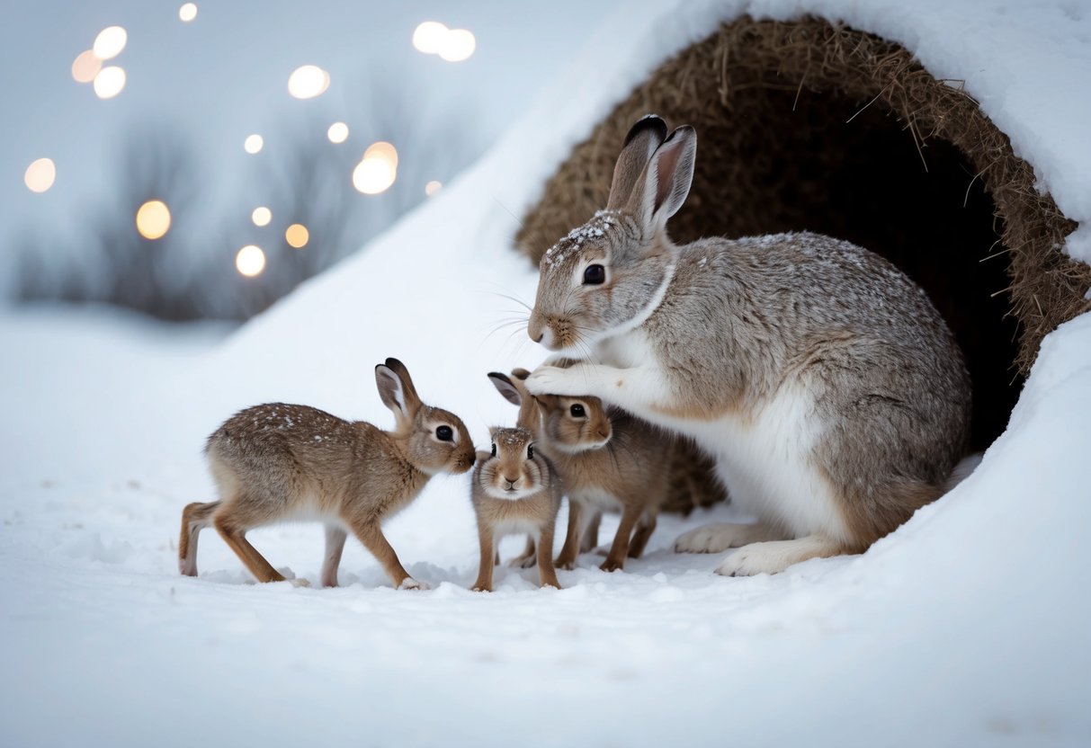 An arctic hare mother grooming her leverets in a snowy burrow