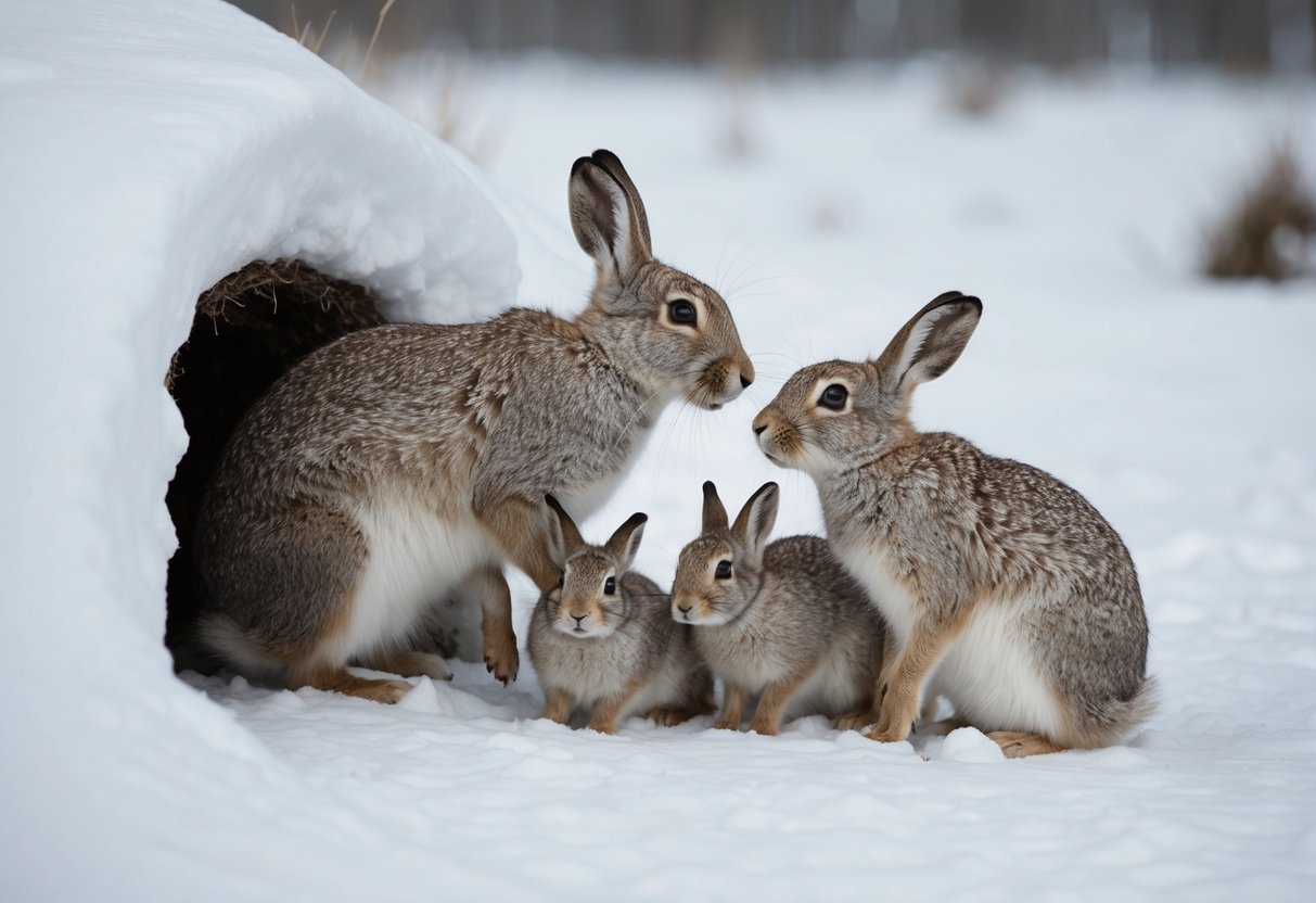 An arctic hare mother grooming her leverets in their snowy burrow