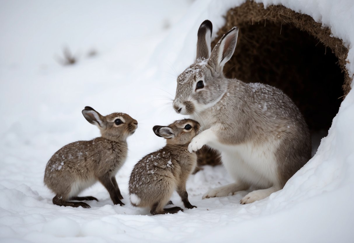 A mother arctic hare grooming her leverets in a snowy burrow