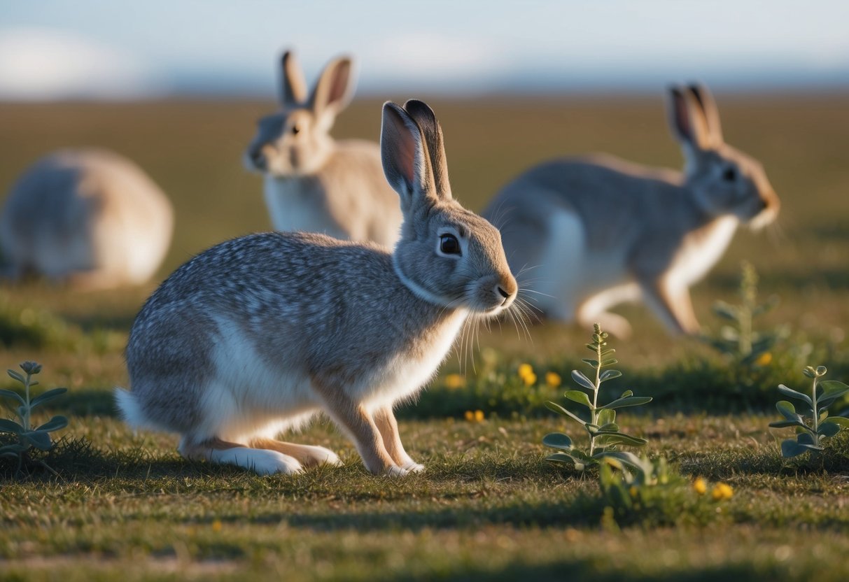 An arctic hare nibbles on tundra plants, while others graze nearby