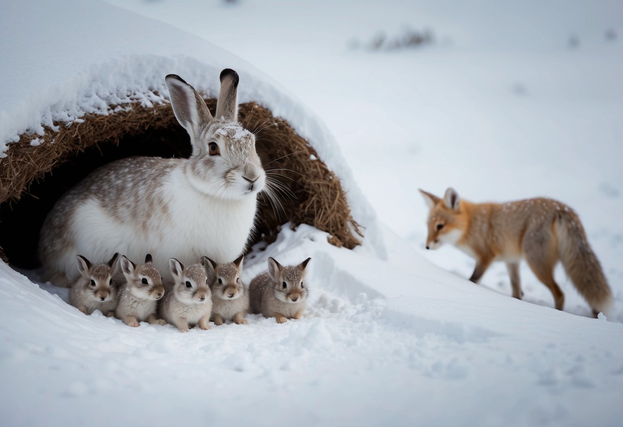 A mother arctic hare watches over her litter of leverets nestled in a snow-covered burrow, while a stealthy arctic fox lurks nearby