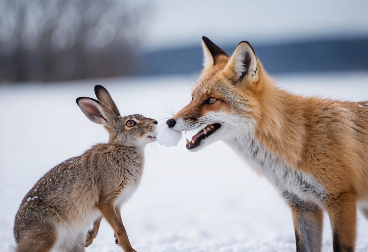 An arctic fox catches a snow hare in its mouth