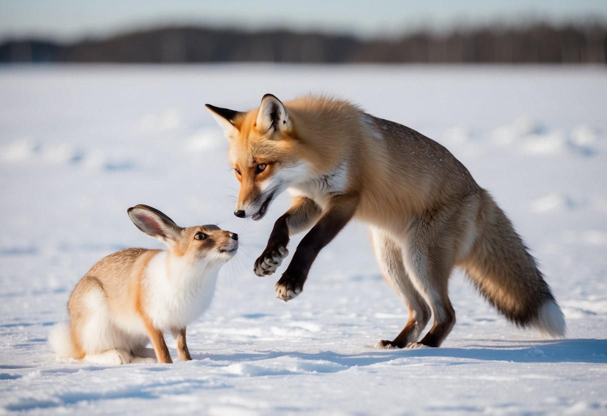 An arctic fox pouncing on a snow hare in the tundra