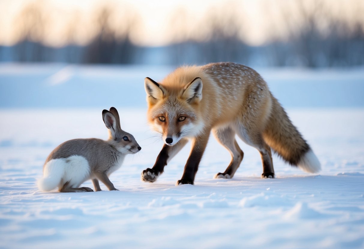 An arctic fox crouches in the snow, stalking a snow hare