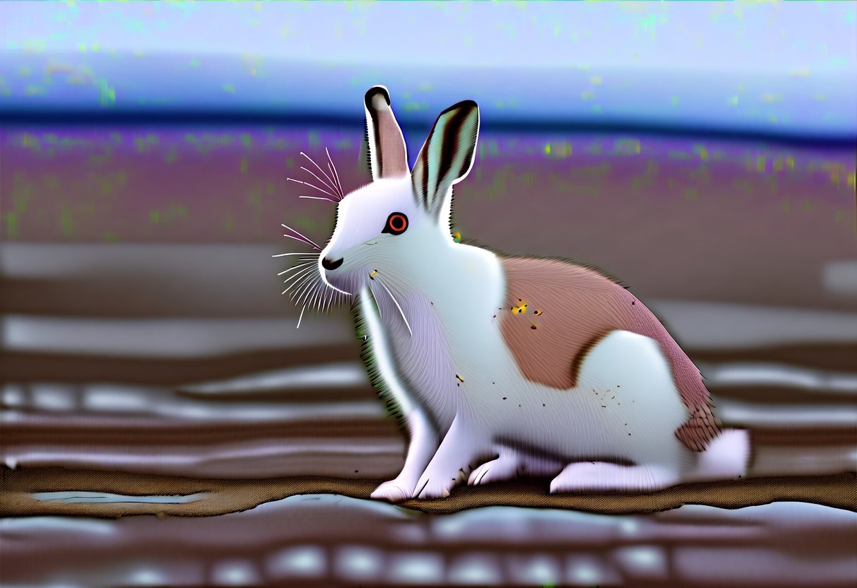 An arctic hare molts its white fur, revealing a brown coat as it blends into the changing tundra landscape