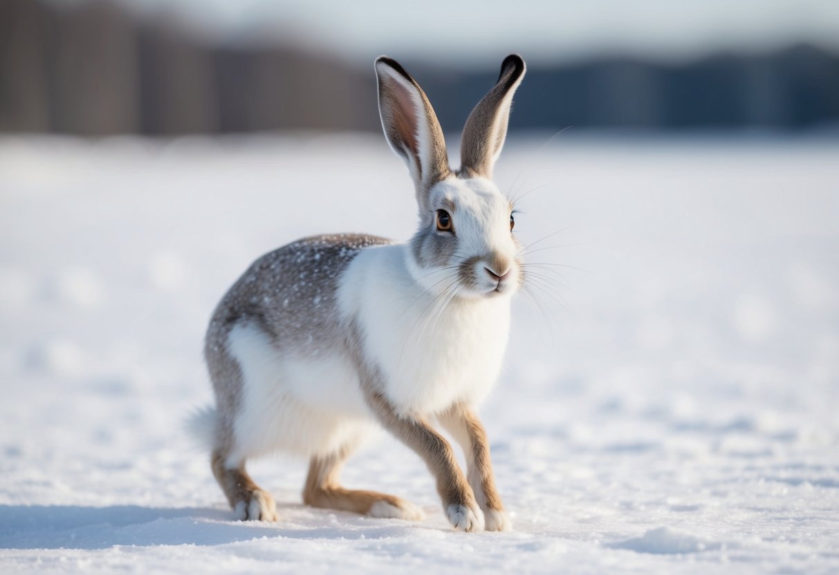 An Arctic hare with white fur blending into snowy background, large hind legs for hopping, and long ears perked up