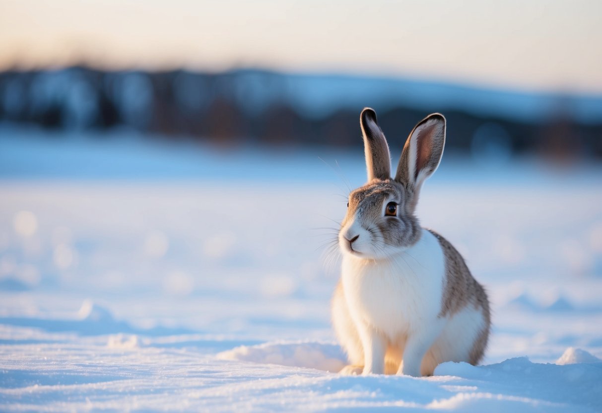 An arctic hare transitions from white to brown in a snowy tundra