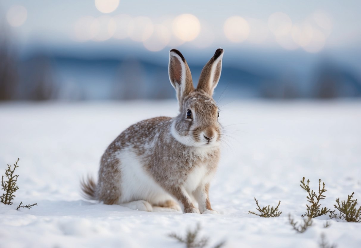 An arctic hare molts its white fur, revealing a brown coat, while foraging in a snowy landscape