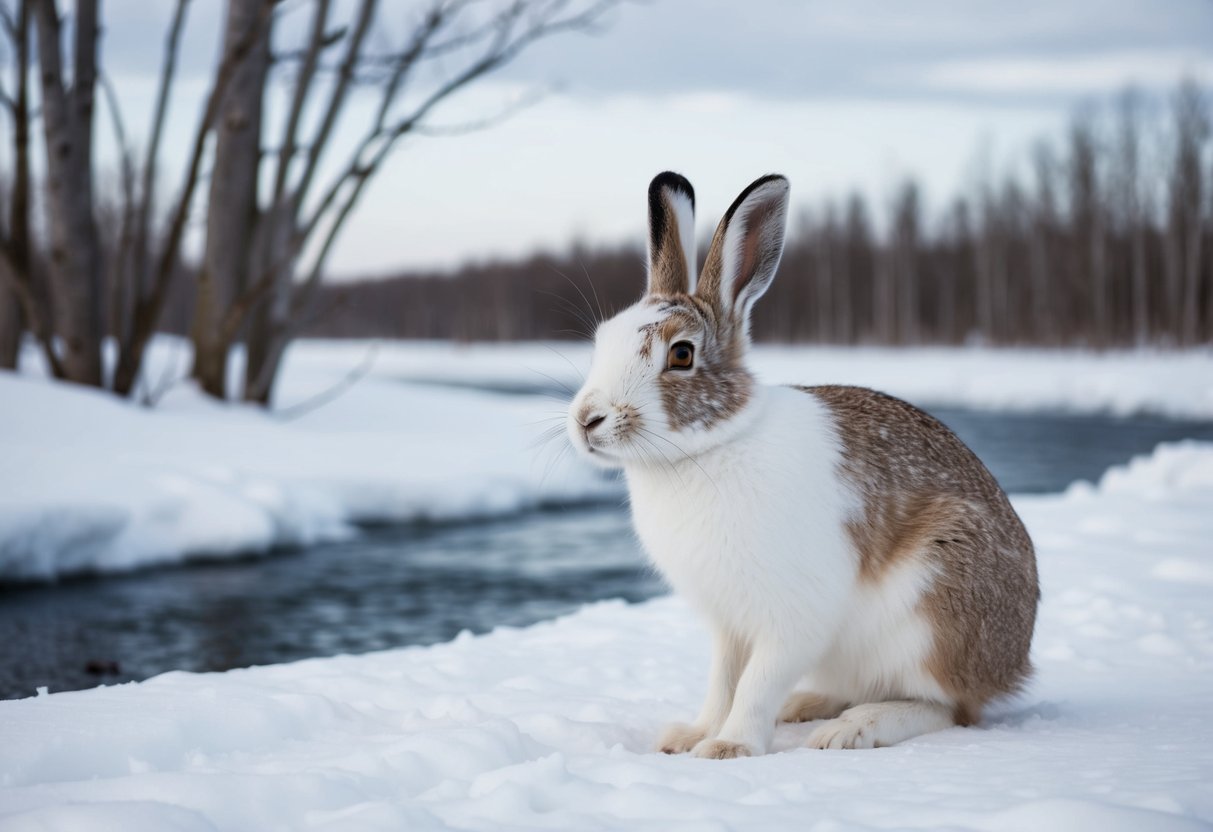 An arctic hare molts from white to brown in a snowy landscape, surrounded by barren trees and a frozen river