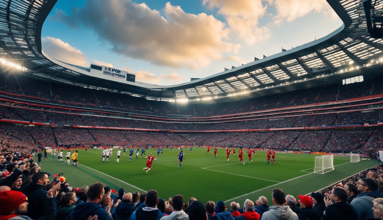 Sebuah stadion yang ramai dengan penggemar yang bersorak dan pemain di lapangan