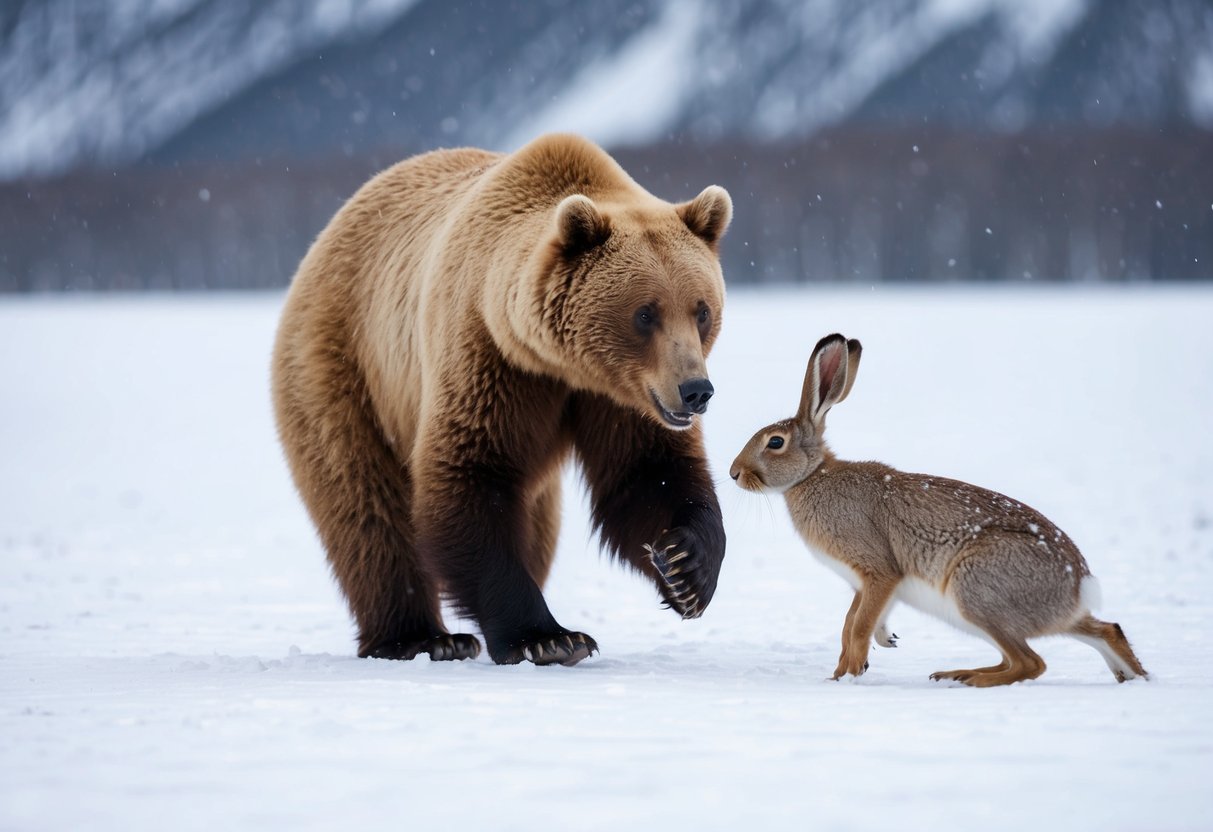 A bear catching an arctic hare in a snowy landscape