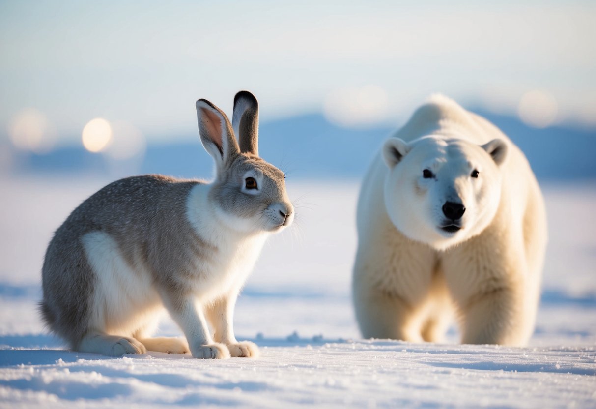 An arctic hare cautiously watches a polar bear from a snowy tundra
