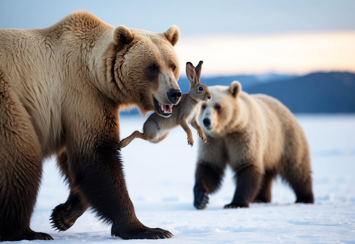 A bear catches an arctic hare in its powerful jaws, while another bear watches nearby