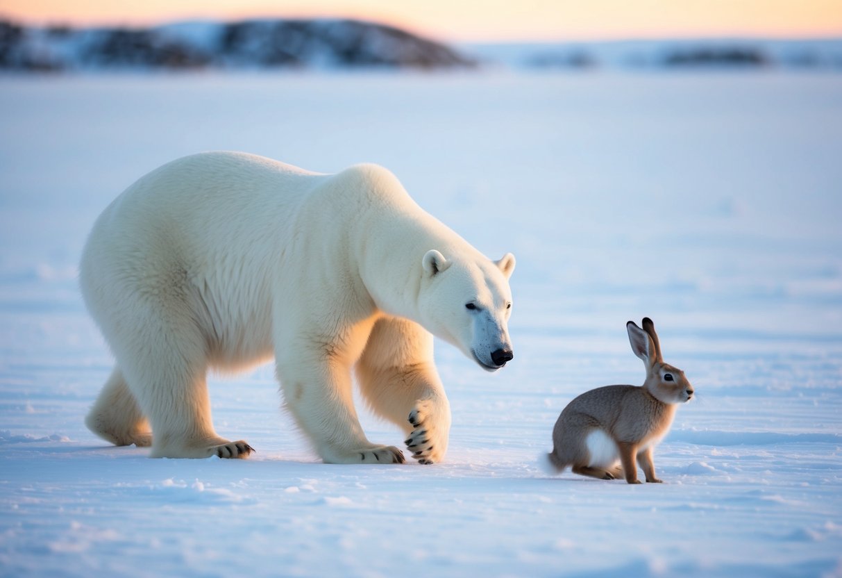 A polar bear stalks an arctic hare in the snowy tundra, its white fur blending in with the landscape as it prepares to pounce