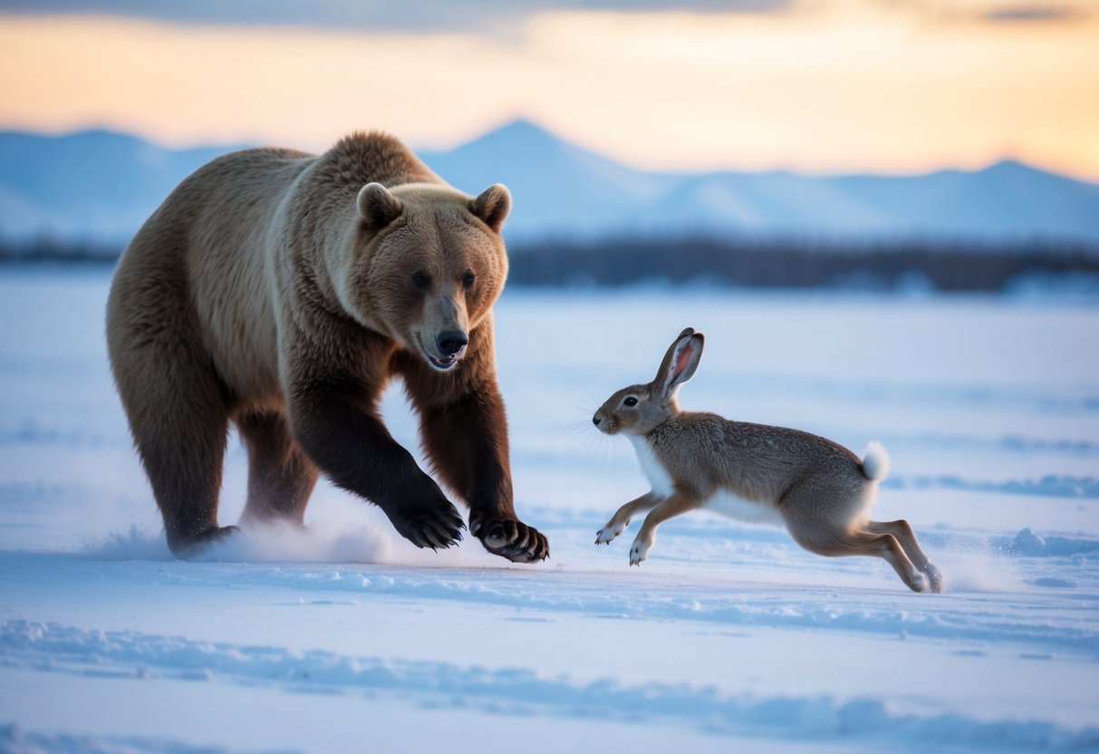 A bear chases an arctic hare across a snowy tundra, the hare desperately trying to evade capture while the bear looms close behind