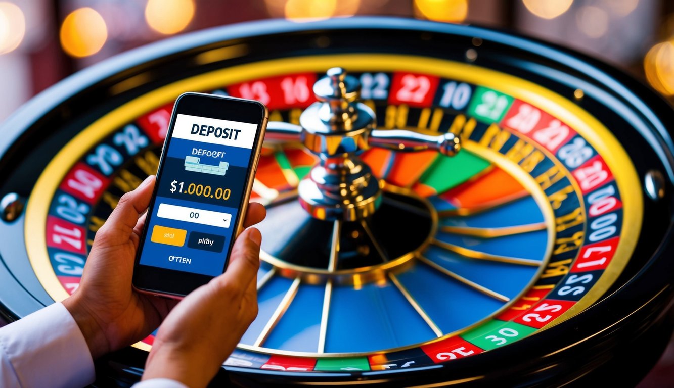 Roda roulette berwarna-warni berputar dengan tampilan digital yang menunjukkan opsi deposit menggunakan ponsel.