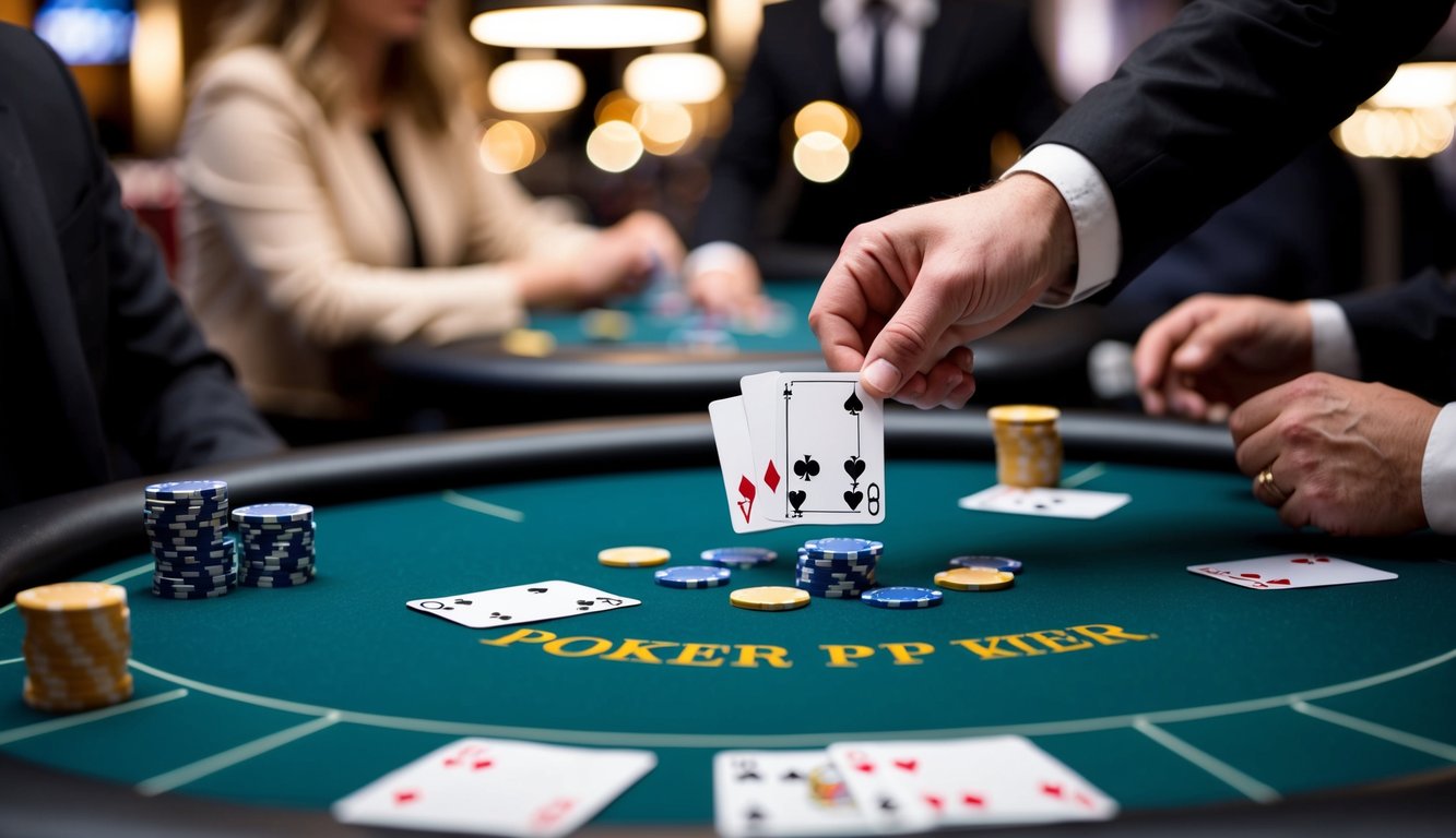 Meja poker dengan kartu, chip, dan tangan dealer yang membagikan kartu baru kepada pemain yang tidak terlihat