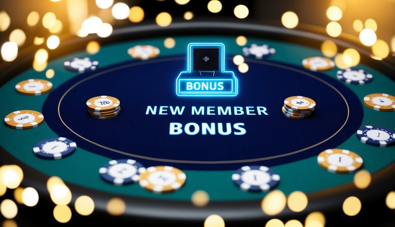 Sebuah meja poker digital dengan chip dan kartu virtual, dikelilingi oleh tanda "Bonus Anggota Baru" yang bersinar