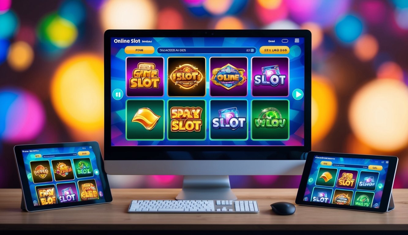 Antarmuka digital yang berwarna-warni dan hidup menampilkan berbagai permainan slot online dengan grafik dan animasi yang menggoda