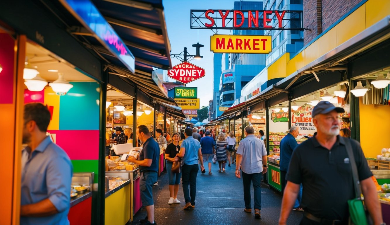 Pasar jalanan yang ramai di Sydney, dengan kios-kios berwarna-warni dan papan tanda yang cerah