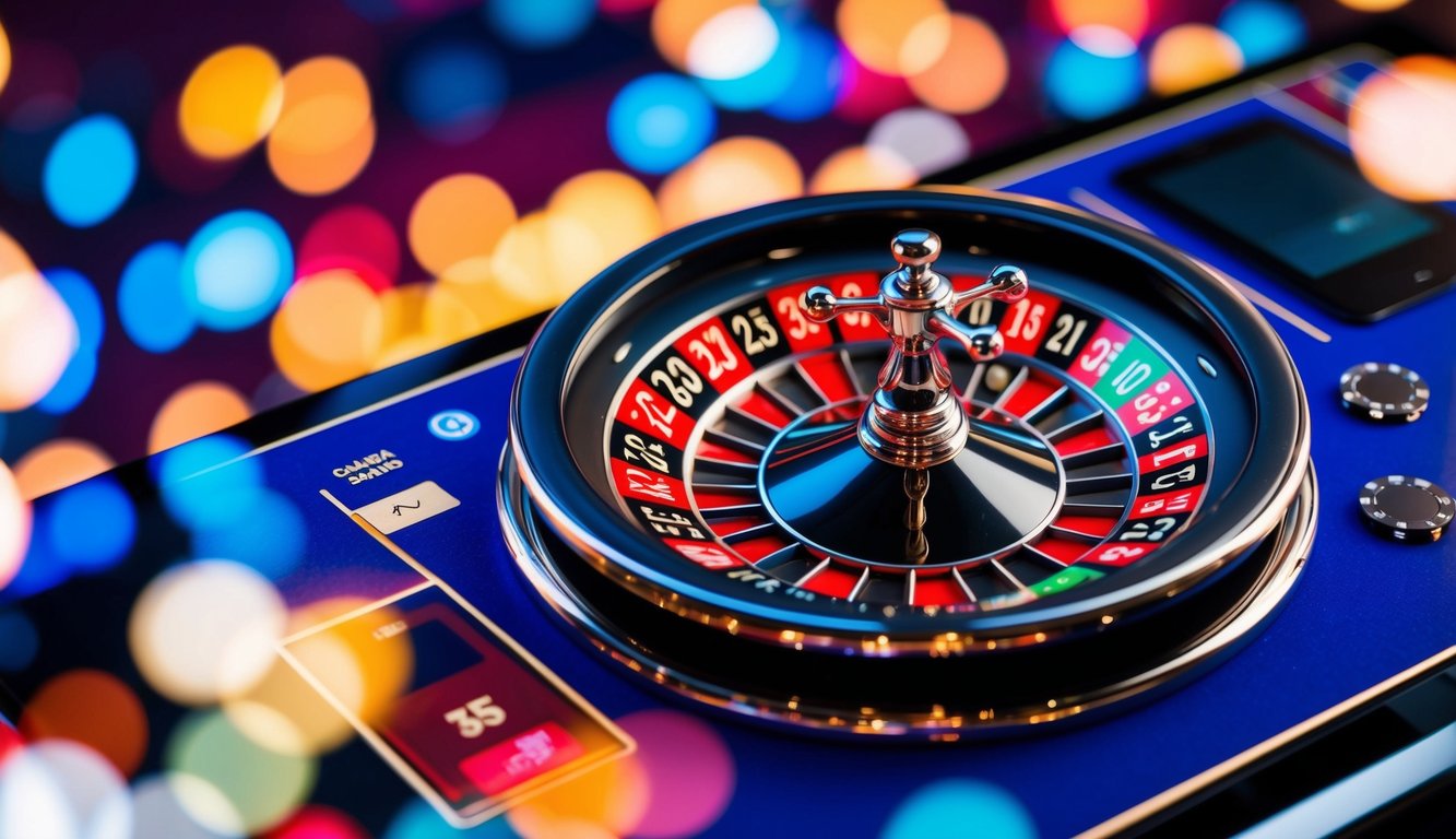 Roda roulette yang ramping dan modern berputar di antarmuka kasino online yang cerah dan berwarna-warni