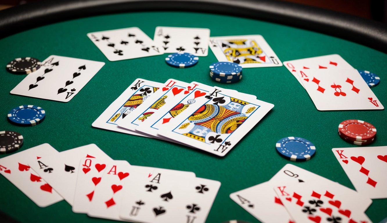 Sekelompok kartu bermain berwarna-warni tersebar di atas meja poker felt hijau, dengan chip poker yang berserakan di sekitarnya.