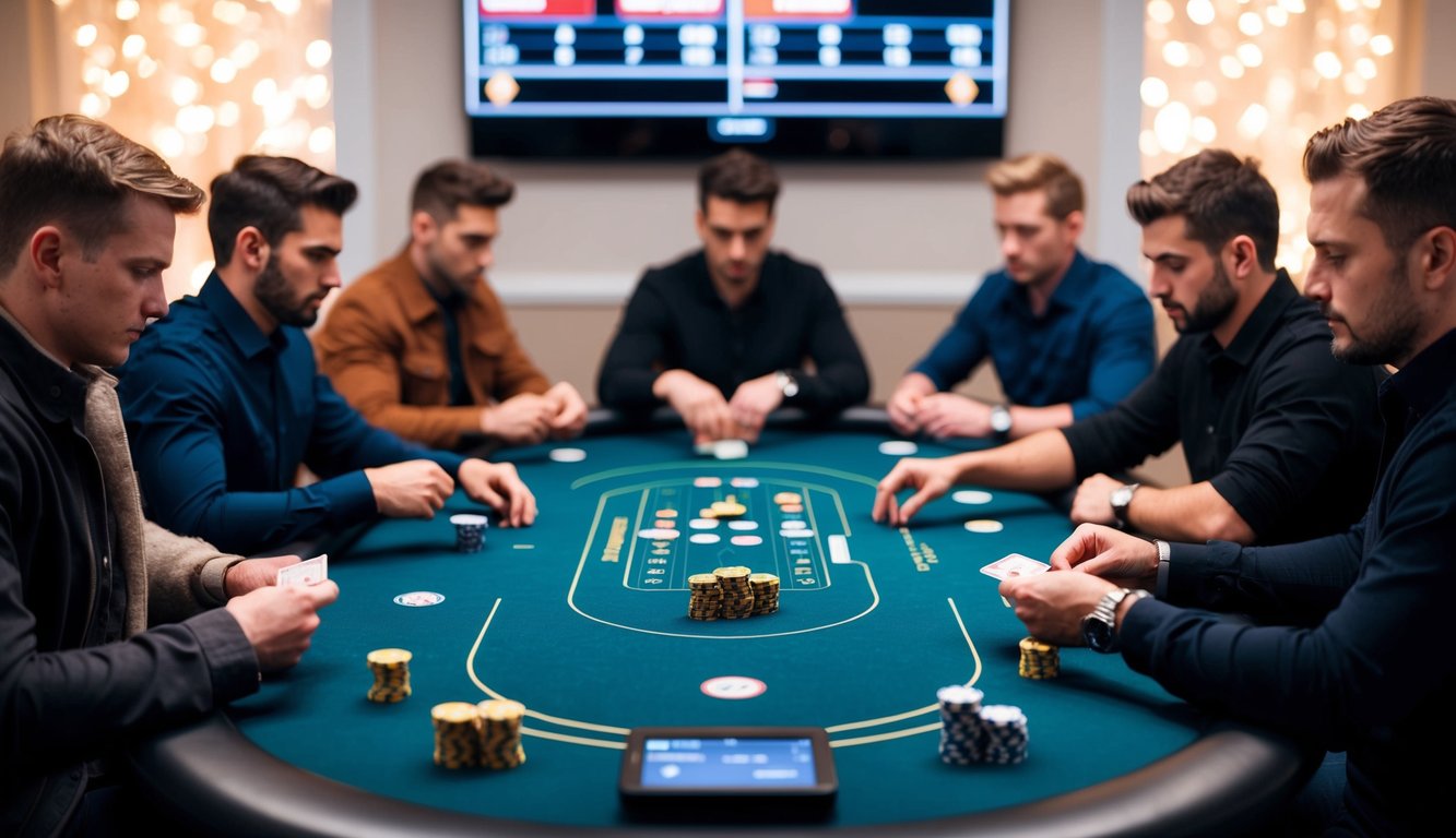 Sekelompok pemain duduk di sekitar meja poker virtual, masing-masing fokus pada kartu dan chip mereka, dengan antarmuka digital yang menampilkan kemajuan permainan.