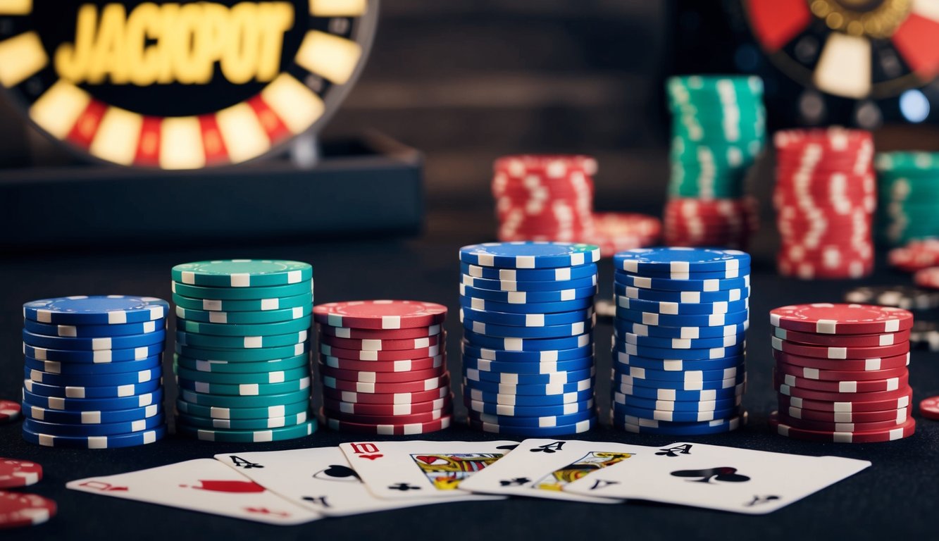 Sekelompok chip poker yang disusun dalam lingkaran, dengan kartu yang tersebar di sekitarnya dan tanda jackpot di latar belakang