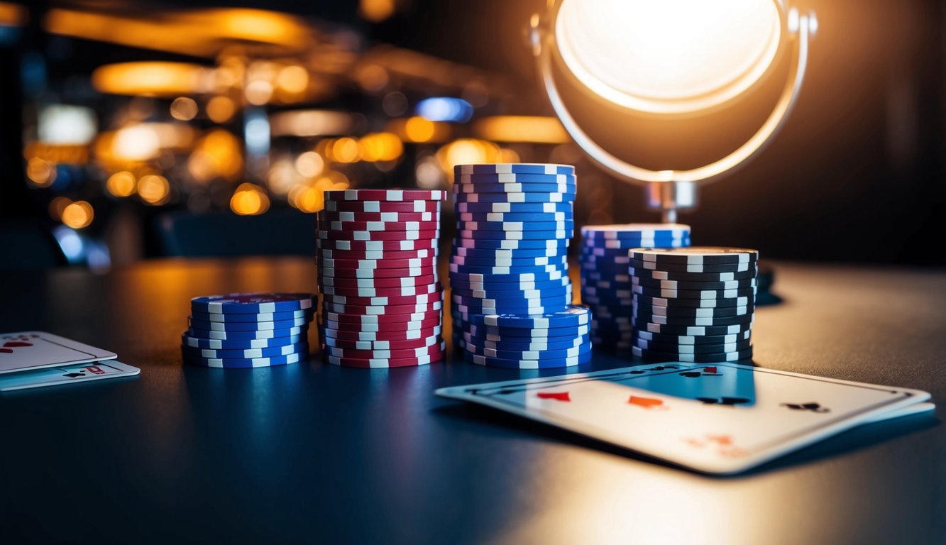 Sekelompok chip poker dan kartu yang disusun di atas meja modern yang ramping, dengan sorotan lampu yang menyoroti warna-warna cerah dan tepi-tepi tajam