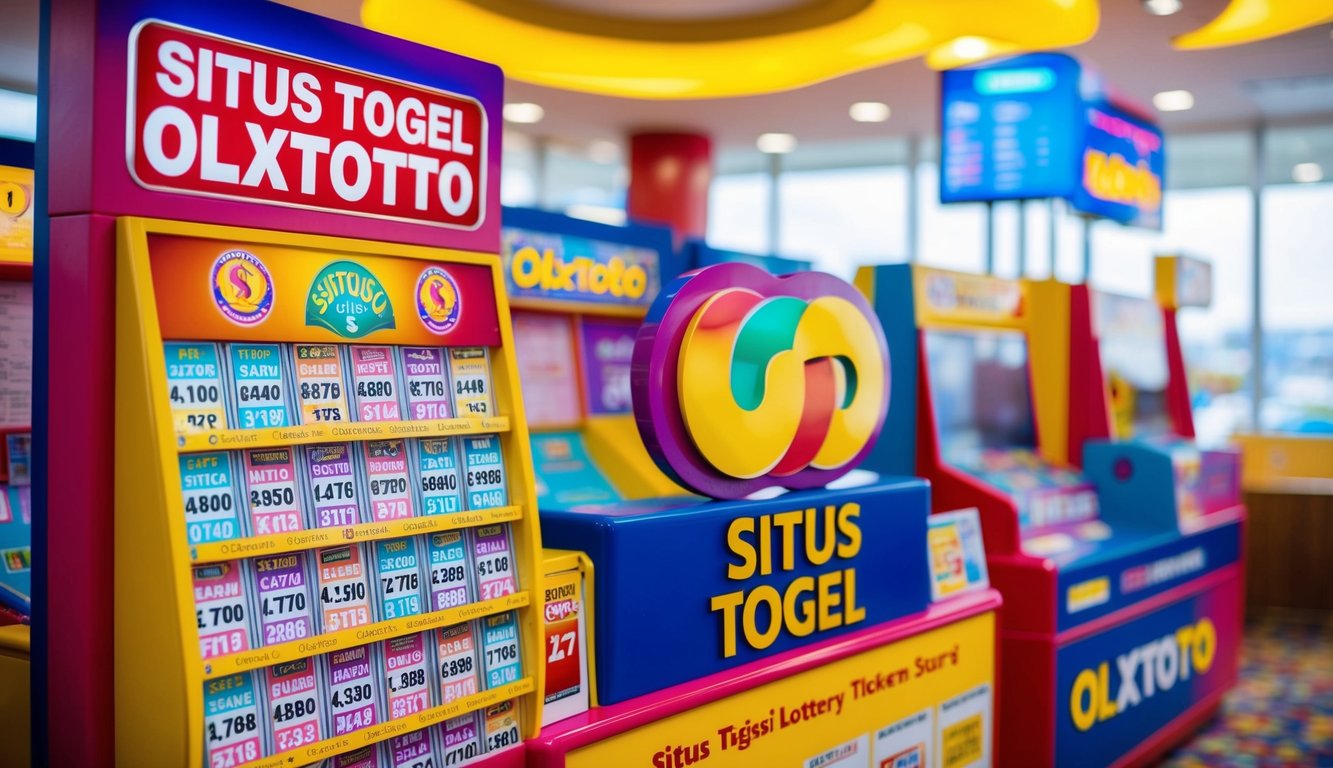 Sebuah stand tiket lotere yang berwarna-warni dan cerah dengan logo yang tegas dan menarik perhatian untuk "Situs Togel OLXTOTO" yang ditampilkan dengan jelas