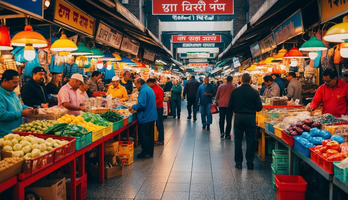 Pasar yang ramai dengan kios berwarna-warni dan penjual yang menjual berbagai barang